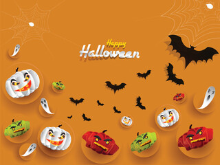 Happy Halloween background decorated with colorful scary pumpkins and flying bats for event celebration concept.