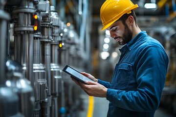 Worker Using Tablet to Monitor Production in Control Room