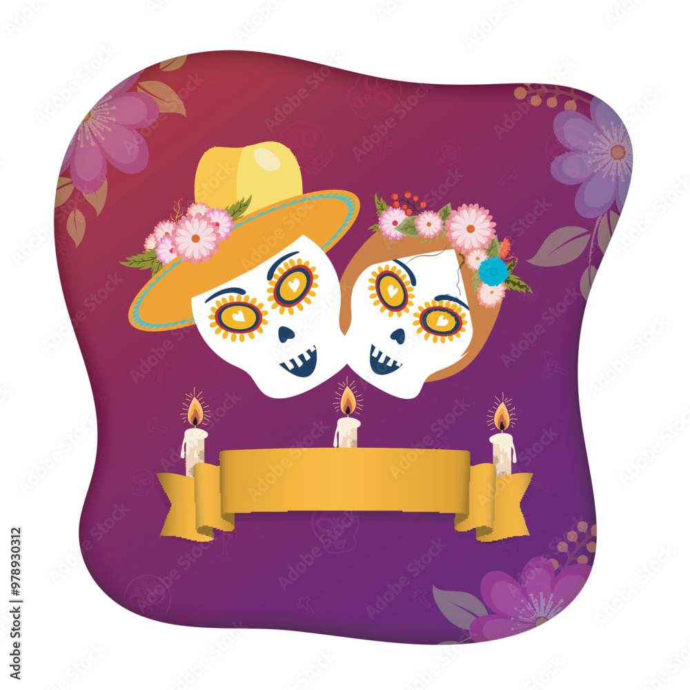 Sticker Greeting card design with skulls or calaveras and blank ribbon for your message on purple floral background for celebration concept.