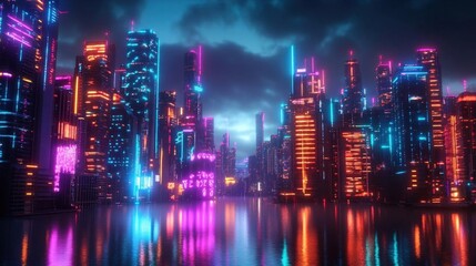 Fototapeta premium Futuristic cityscape with neon lights reflected in water.