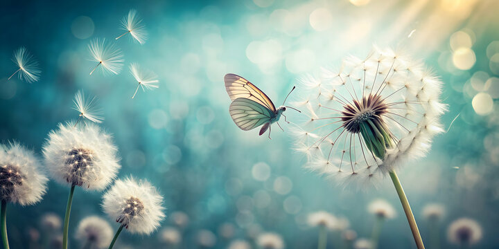 Fototapeta Close-up of dandelion and butterfly with seeds blowing in the wind, featuring pale retro toning, dandelion, butterfly, seeds, wind