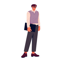 Pensive business man in glasses holds laptop. Sad employee in vest with computer in hand. Pondering person wearing formal clothes for office. Flat isolated vector illustration on white background