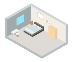 Isometric bedroom, house, apartment, hotel room with window, wardrobe, drawers and empty photo frame on white background