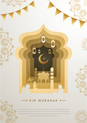 Muslim people praying in front of mosque in paper cut style greeting card design for Eid Mubarak celebration.