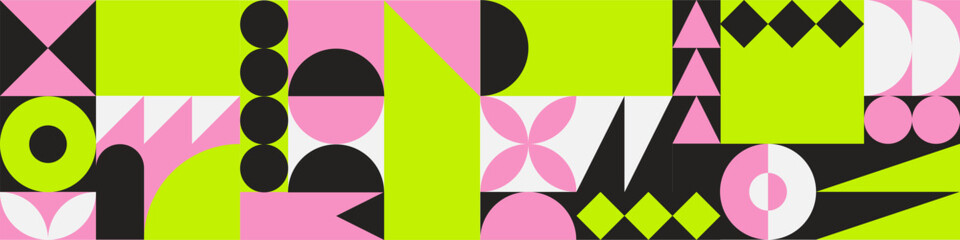 geometric bright colour pattern print background, bauhaus shapes pattern, bauhaus neo brutalism abstract backgrounds, modern geometry trendy design for card, invitation, wallpaper with place	
