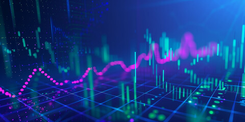 
Illustration of a stock market graph with a candlestick chart, a trading background for financial data and analytics. Blue and purple colors on a dark blue gradient background