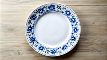 Empty white plate with blue floral border, plate, white, round, empty, blue, floral, pattern, border, isolated