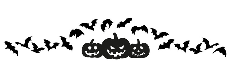 Halloween border with pumpkins and flying bats. Fun background. Header for letters, websites, mailing lists. Bats and scary pumpkins for horror night holiday.