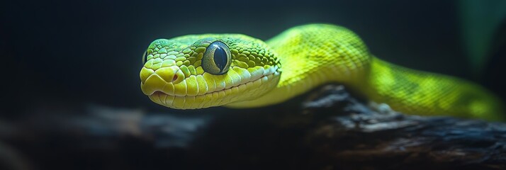 Fototapeta premium Green Tree Python Up Close Vibrant Scales of an Asian Reptile Against a Dark Background