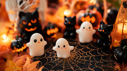 Obraz premium Close-up detail of Halloween themed party decorations showing little ghosts, black cats and spider web designs. The warm lighting enhances the spooky and scary holiday atmosphere.