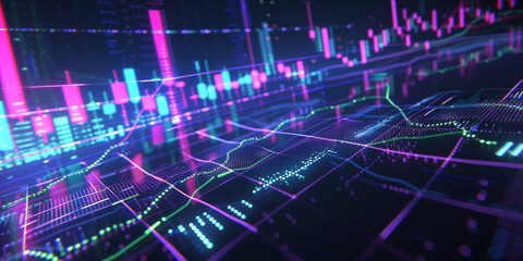 Obraz premium Illustration of a stock market graph with a candlestick chart, a trading background for financial data and analytics. Blue and purple colors on a dark blue gradient background