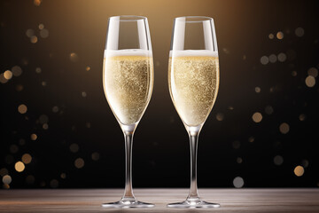 Two filled champagne glasses on a wooden table with a black background and blurred golden lights