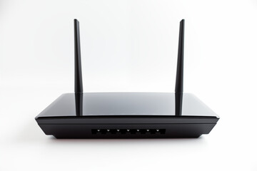 Black Wi-Fi router with two antennas placed on a white background