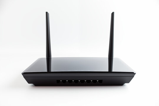 Black Wi-Fi router with two antennas placed on a white background