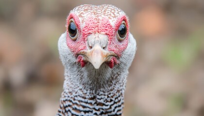 Close-up of an Elegant Grey Turkey with striking Red Head, Grey plumage, and intense gaze..