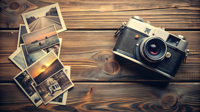 Vintage camera and old photographs on wooden table, capturing nostalgic memories of the past, retro, antique, vintage
