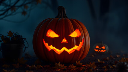 Obraz premium A spooky jack-o'-lantern glowing in the dark with a foggy background, surrounded by scattered autumn leaves and Halloween decorations, space for text on the side. Generative AI