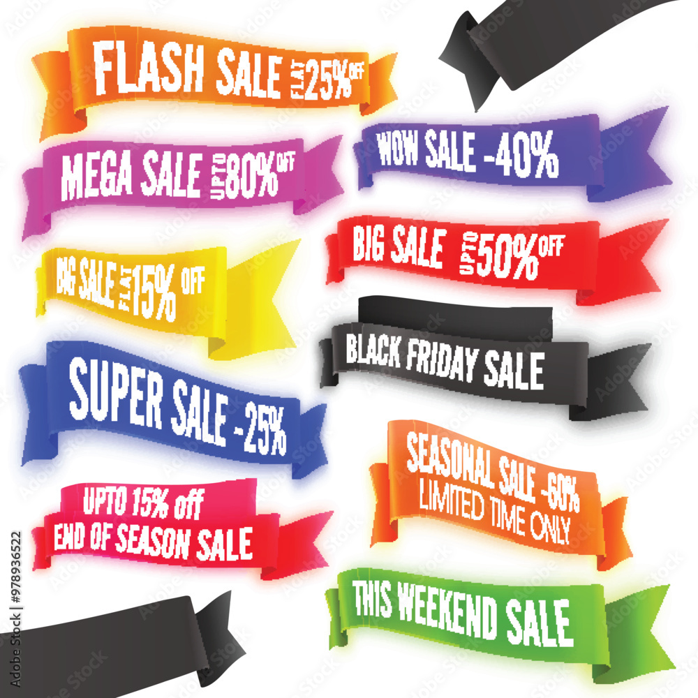 Poster Set of glossy colorful Sale and Discount Ribbon.