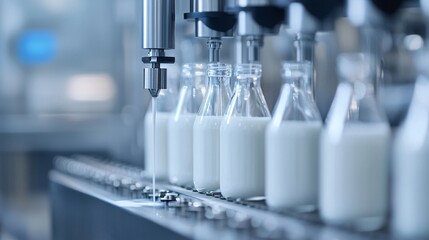 Machine filling bottles with plant-based milk in a clean, automated facility, automation, dairy alternatives