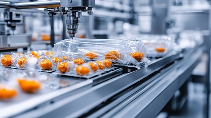 Automated packaging machine sealing ready-to-eat meals in a factory, automation, food preservation technology