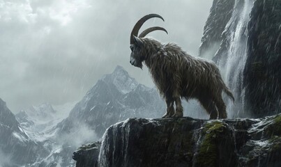 A majestic mountain goat stands on a cliff overlooking a snowy mountain range, with rain and a waterfall in the background.