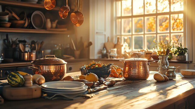 Rustic kitchen with copper cookware and autumnal decor on the countertop bathed in warm sunlight.