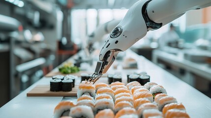 Automated robot making sushi rolls with precision in a futuristic restaurant, robotic cooking, automated cuisine