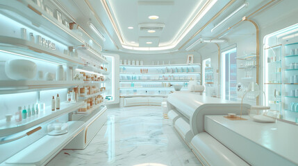 Drug store with white walls, shelves and drawers