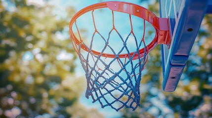 Basketball Hoop with Net and Blue Sky