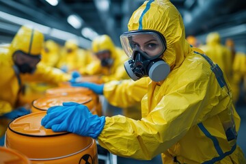 Workers in yellow hazmat suits and blue gloves are occupied with handling hazardous containment units in an industrial facility, showcasing diligence and strict adherence to safety protocols.