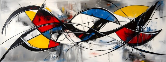 Abstract painting of geometric shapes in black, white, and red, with yellow lines and blue accents, in a graffiti style