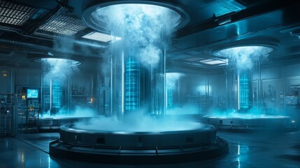 Metallic tank with liquid nitrogen, mist cascading down, sci-fi lab environment, holographic elements, neon blue accents, sharp focus, cinematic
