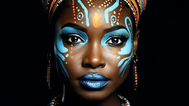 Stunning artwork of an African girl with intricate tribal face paint, showcasing beauty and culture.
