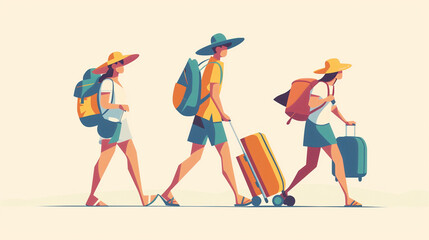 Colorful travelers with luggage take a stroll