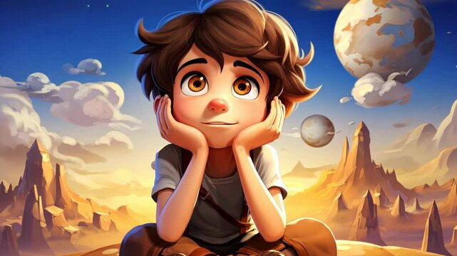 Young boy imagines interplanetary adventures in charming retro cartoon style with a beautiful face.