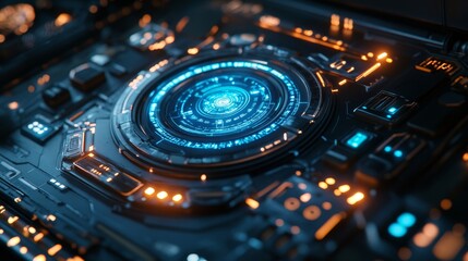 Fototapeta premium Stainless steel tank control panel, holographic display integrated with buttons and dials, Futuristic, Sci-fi, Dark background, Glowing holograms