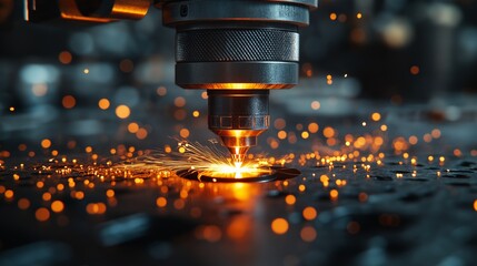 Industrial Laser Cutter Machine in Action Creating Sparks with Precision for High-Tech Metal Manufacturing Process