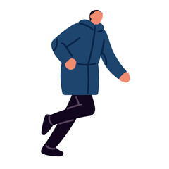 Abstract person in outerwear is late in time. Character in warm clothes runs, rushing in winter outdoor. People hurry, go fast in cold weather. Flat isolated vector illustration on white background