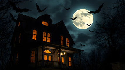 Fototapeta premium Close-up of a haunted house at night with bats flying around, a full moon, and eerie Halloween lights casting shadows, space for text in the sky. Generative AI