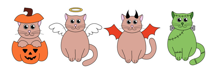 Cute Halloween Cats in costumes. Vector Flat Illustration.