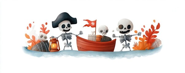 Fototapeta premium Pirate skeletons, haunted by ghostly spirits, eerie seas with glowing lanterns, Watercolor style