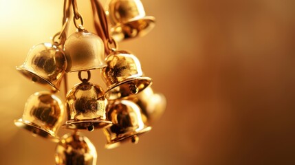 Lucky charm banner, string of golden bells with copy space, soft gradient background, gentle shadows, close-up view. 