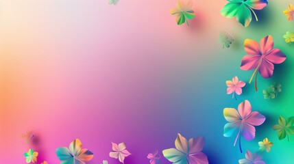 Obraz premium Lucky banner, rainbow and clover leaves scattered, ample text space, bright gradient backdrop, soft shadows. 