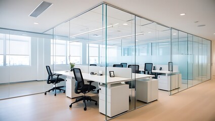 An office interior with a clear white wall for mockups