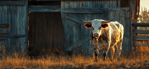 A cow stands in golden light near a rustic barn, highlighting rural life.