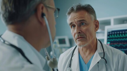 Serious doctor with stethoscope discussing with other doctors in hospital.