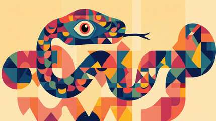 Simple snake illustration vector art. Flat design with geometric shapes. Stylized snake 2D graphics. Snake digital art. Smooth color background.