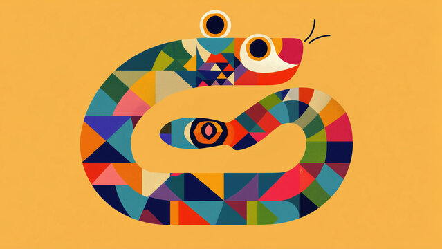 Simple snake illustration vector art. Flat design with geometric shapes. Stylized snake 2D graphics. Snake digital art. Smooth color background.