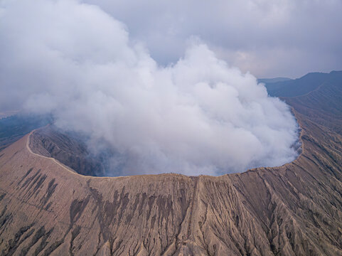 Aerial view of active volcano Bromo in Sukapura, Jawa Timur, Indonesia