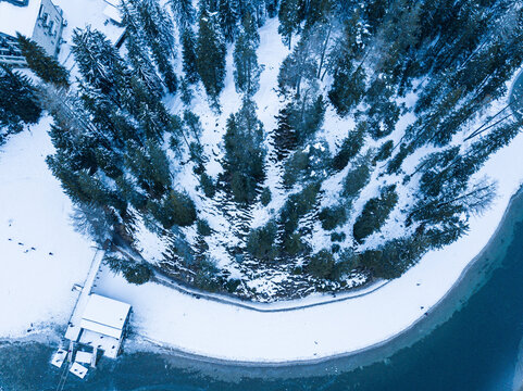 Aerial view of the crystal clear lake Lago Di Braies, Prags, Trentino-Alto Adige, Italy